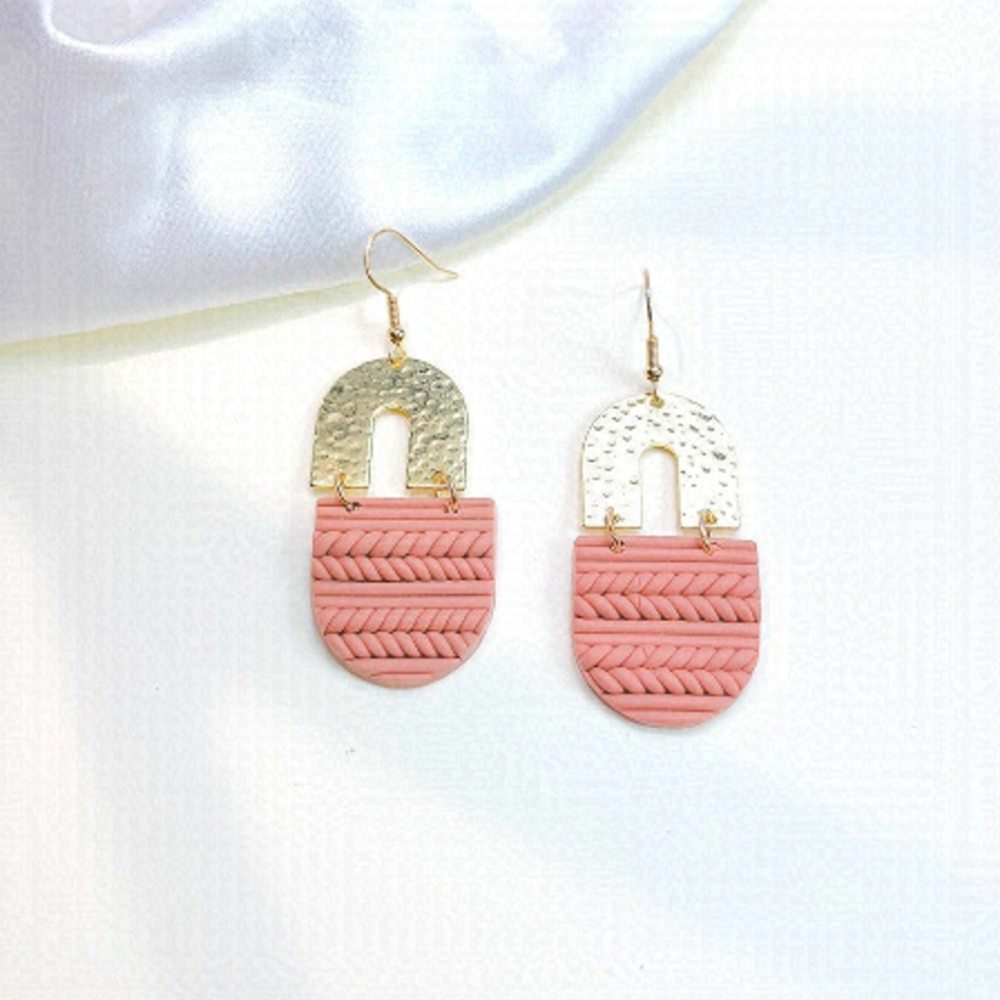 Boho Rainbow Gold and Coral Braided Clay Drop Earrings Lightweight Statement
